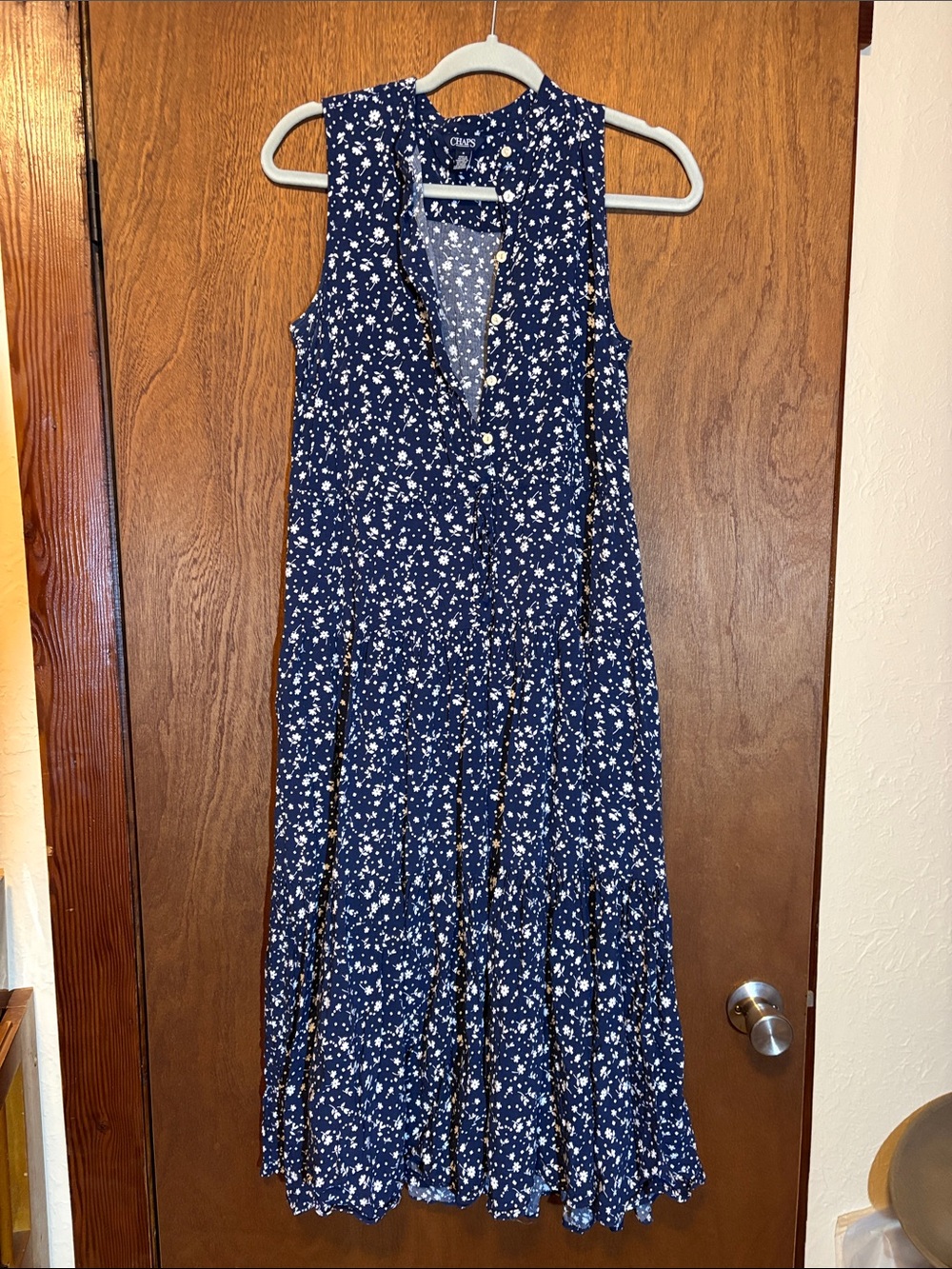 Chaps Navy Floral Sleeveless Button-Front Midi Dress